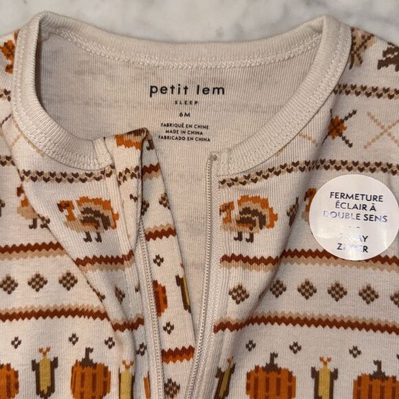 NWT Petit Lem Cream & Orange Fall Thanksgiving Pumpkin Patterned Kids Footie - Picture 2 of 7